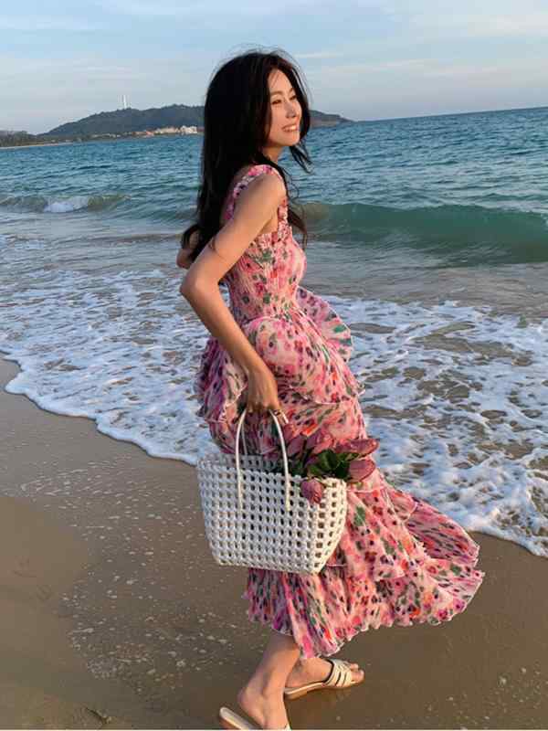 乐天商城 - レディースワンピース 花柄シフォン フリル Aライン ケーキスカート フェアリー ロングドレス ハイウエスト 細見え くびれ リゾート 旅行 パーティー 結婚式 デート 女子会 ディナー ふ