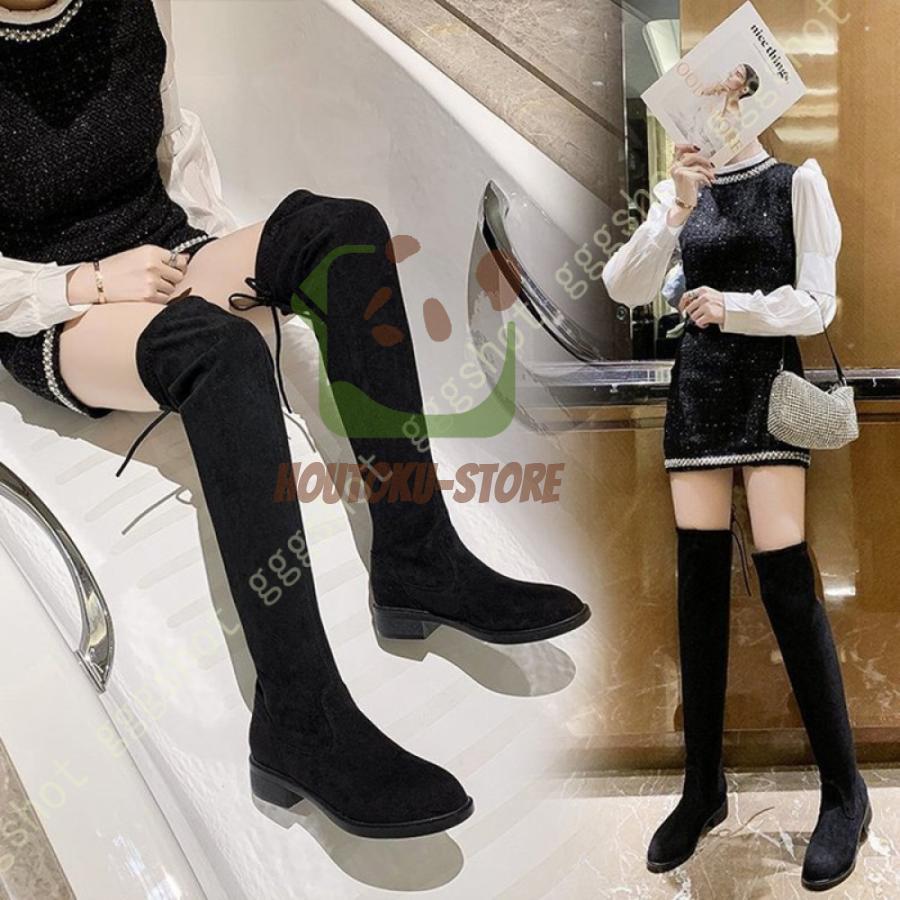 乐天商城 - ニーハイブーツ レディース ヒール 美脚効果 ストレッチ ロング ブーツ 大きいサイズ ラウンドトゥ ニーハイ ロングブーツ ストレッチ お洒落 エレガント
