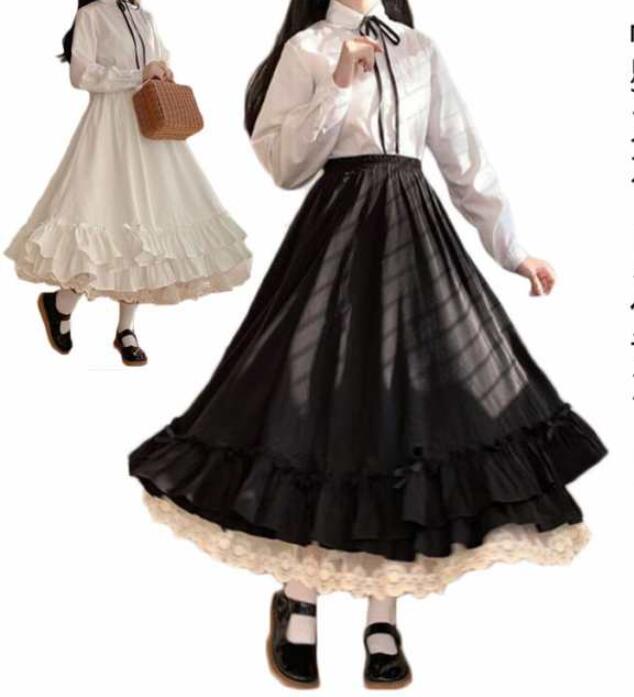 乐天商城 - ふんわり ロリータ風 ガーリー ロング スカート 森ガール スカート フェミニン ロリータ ホワイト かわいい レース 黒 白 可愛い