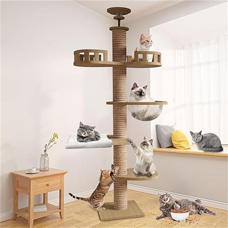 【頑丈で安定している】このキャットタワーは大型猫用に設計されており、頑丈な木製の構造を採用しています。直径12cmのサイザル麻ポールは、猫の爪とぎに最適で、家具や壁を傷つけることなく、猫が自由に爪を研ぐことができます。高さ調節可能な設計により、天井にしっかりと固定でき、安定性も抜群です。多頭飼いにも対応でき、複数の猫が同時に使用しても問題ありません。キャットツリーとして、猫の遊びと休憩場所を一つで提供します。 【多機能設計】本キャットタワーには、猫の爪とぎ、登り、ジャンプ、休憩ができる多機能が詰まっています。サイザル麻のポールと広々とした展望台、宇宙船型の休憩所、さらにハンモックも完備し、猫が遊びながらリラックスできるスペースを提供。木登りが好きな猫にとっては、自宅でも思いっきり運動できる場所を提供でき、ストレス解消にも効果的です。棚板は15kgの重さにも耐えられる強度を持ち、猫の体重をしっかり支えます。 【環境に優しい素材とお手入れ簡単】当キャットタワーは、高温処理された木材を使用しており、耐湿性や耐圧性が優れており、長期間使用しても形が崩れることがありません。宇宙船は水洗い可能、ハンモックの布も取り外してお手入れが簡単で、清潔に保つことができます。木の表面は湿らせた布で拭くだけでOK。お手入れが楽で、猫の健康を守りながら、安心して使える商品です。 【おしゃれでインテリアに調和するデザイン】シンプルで洗練されたデザインのキャットタワーは、どんなお部屋にもマッチします。木製の優れた質感とスリムなデザインで、猫の遊び場としてはもちろん、インテリアとしても美しい空間を作ります。カラーも落ち着いたトーンで、家の中に自然に溶け込みます。猫が自由に遊べるだけでなく、おしゃれな空間を提供します。 【簡単な組み立てと安心のサポート】組み立てが簡単で、設置動画が付属しており、どなたでも簡単に組み立てることができます。また、ご購入前に天井の高さをご確認いただければ、より快適にご使用いただけます。不良部品があった場合は無料で交換対応いたしますので、返品の手間も心配ありません。