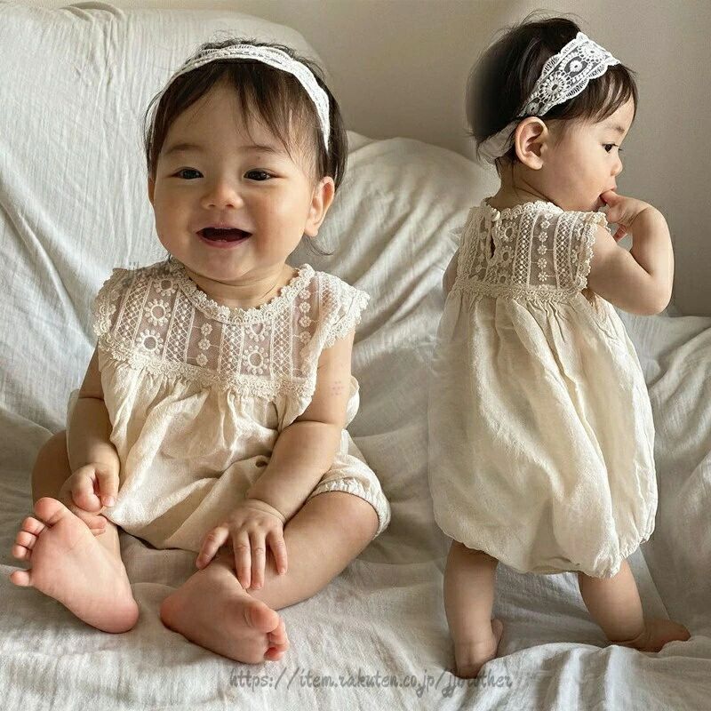 乐天商城 - ロンパース ベビー服 夏服 コットン 赤ちゃん ヘアバンド付き カバーオール ノースリーブ レース 新生児 結婚式 プレゼント お出かけ パーティー お宮参り 出産準備 撮影衣装 退院