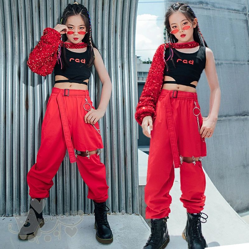 樂天商城 - キッズ ダンス衣装 セットアップ 赤 ワンショルダー 黒ベスト レッドパンツ 女の子 へそ出し 舞台服 演出服 K-POP ステージ衣装 練習着 体操服 応援団120-170cm 送料無料