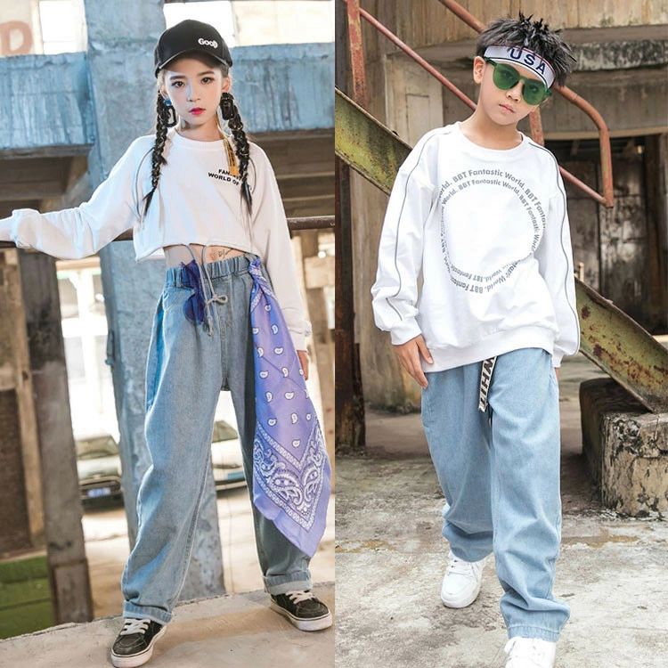 樂天商城 - キッズダンス ダンス衣装 2点セット K-POP 韓国 ジャッズ 長袖シャツ へそ出し デニムパンツ 男の子 女の子 チアガール キッズダンス衣装 派手 セットアップ b系 ファッション ヒップホップ イベント ダンスチーム ダンスウエア カッコイイ 子供服 110-180cm