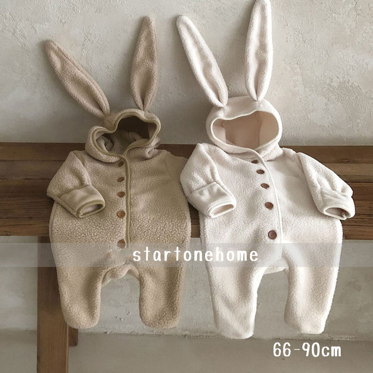 赤ちゃん ベビー服 ふわふわ かわいい ウサギ耳フード付き ロンパース ボア　カバーオール　ベビー ジャンプスーツ コート 着ぐるみ 子供服 キッズ 男の子 女の子 軽量 新生児 韓国風 可愛い 防寒着 普段着 通学 秋冬 長袖 暖かい あったか 66 73 80 90のサムネイル