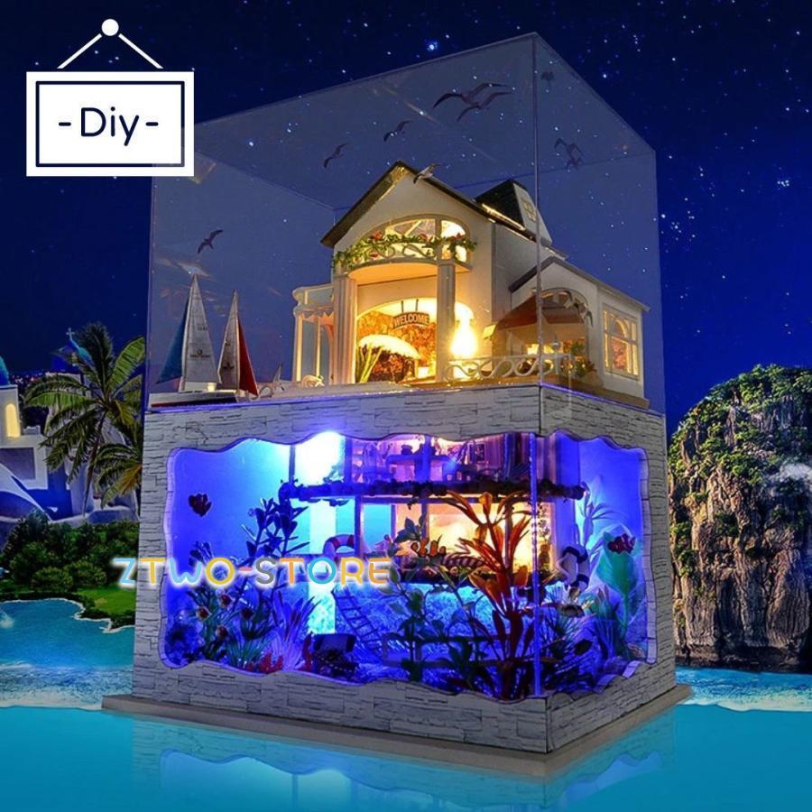 Rakuten - DIY 海の家 ミニチュアドールハウス LEDライト 組み立てキット 自分で作る リアルな家具 家庭用 装飾品 おもちゃ クリエイティブ 贈り物 思考力 創造力