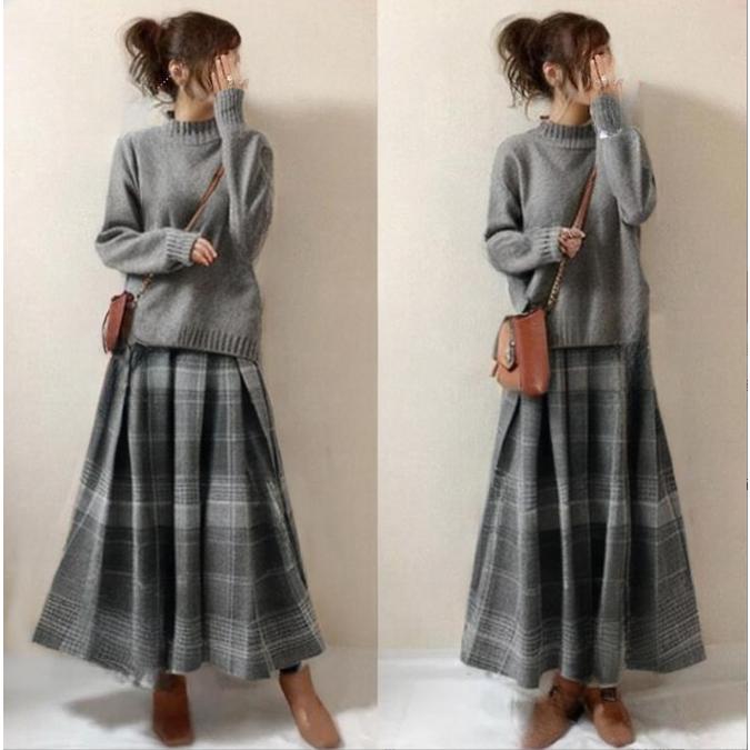 ニット ス セットアップ ハイネック レディース ロングスカート チェック柄 秋 長袖 体型カバー 秋冬 可愛い 通勤 OL