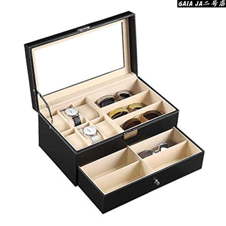 時計収納ボックス レザー6ウォッチボックスジュエリーケースと9ピース眼鏡ストレージとサングラスメガネディスプレイ引き出しロック可能なケースオーガナイザー
