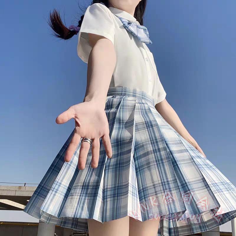 乐天商城 - 学生服 3点セット 女子制服 半袖ブラウス 白 KNK(株) スクールシャツ チェック プリーツスカート りぼん 制服リボン ネクタイ コスプレ 通学