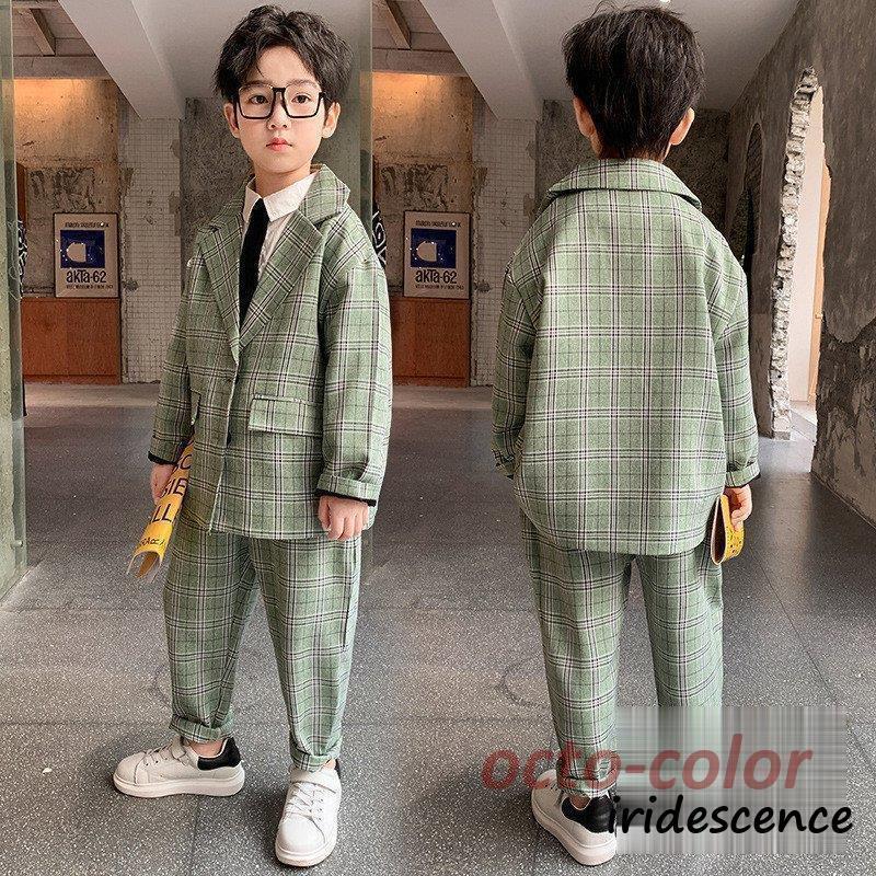 Rakuten - スーツ チェック柄 男の子 上下 フォーマル 卒園式 入学式 卒業式 発表会 七五三 キッズ スーツ 上下セット スーツジャケット＋ズボン グリーン グレー 120-170