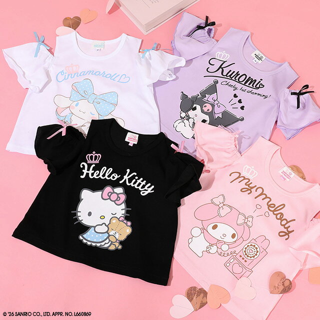 8/4〜 【50％OFF SALE】 サンリオ 肩開き リボン Tシャツ 1434K ベビードール BABYDOLL 子供服 ベビー キッズ 女の子 ハローキティ クロミ マイメロディ シナモロール コラボ グッズ 肩だし 肩出し 肩あき セール