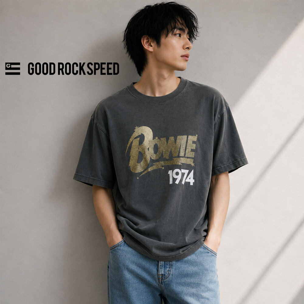 STREET - ヴィンテージ加工 ロックTシャツ デヴィッド・ボウイ グリッタープリント 半袖Tシャツ DAVID BOWIE GLITTER PRINT T-SHIRT 26DAB001W【デヴィッドボウイ デビッドボウイ Tシャツ バンT バンドTシャツ ロックT ビンテージ 古着風 グッドロックスピード GOOD ROCK SPEED】