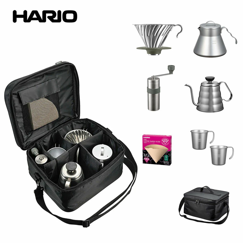 楽天ステイブルー【セレクトショップ】【5％OFFセール】ハリオ アウトドア HARIO OUTDOOR コーヒーフルセット V60 ドリッパー コーヒーミル ドリップケトル コーヒーサーバー スタッキングマグ フィルター バッグ コーヒー 珈琲 アウトドア キャンプ O-VOCF