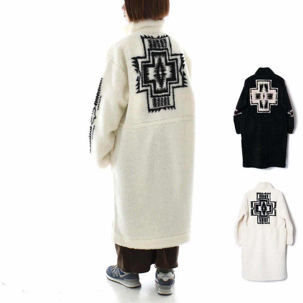 ペンドルトン PENDLETON レディース ボアスタンドロングコート 4475-7113【レディース ウィメンズ F フリーサイズ 】【ボアフリース フリースジャケット ネイティブ柄 ネイティブアメリカン バックプリント 袖プリント モコモコ 暖かい アイボリー ブラック】