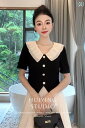 トップス レディース ブラウス フレンチ シャネル 風 フリル ウエスト トップス レディース 夏 ブラック 半袖 Tシャツ