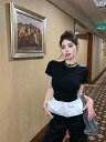 トップス レディース ブラウス シャネル 風の フリル フェイク ツーピース 半袖 Tシャツ 夏用 フレンチ ユニークで 精巧 ふわふわ ショート トップ