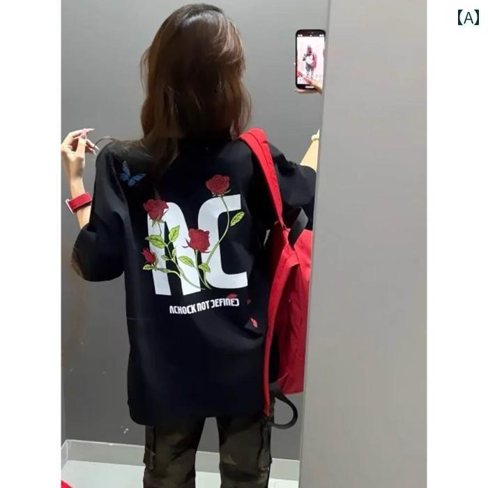 ロンT レディース おしゃれ Guochao の ローズ レター プリント 半袖 Tシャツ レディース 夏用 アメリカン ストリート オーバー サイズ ゆったり カップル トップス