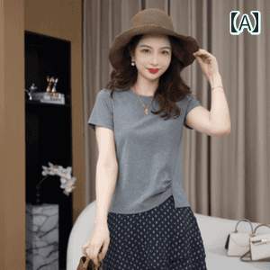 ロンT レディース おしゃれ の 綿の 不規則な グレーの ストレート ショルダー 半袖 Tシャツ 夏用の 大きいサイズで お 肉を カバー し 細く 見える な トップス