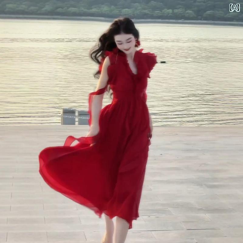 ドレス パーティー レディース 赤 きれいめ ドレス パーティー レディース 赤 きれいめ フランスの レトロ 赤い リボンの 小さい フライング スリーブドレス レディース 夏の 海辺の 休日 スリムフィット ロング スカート