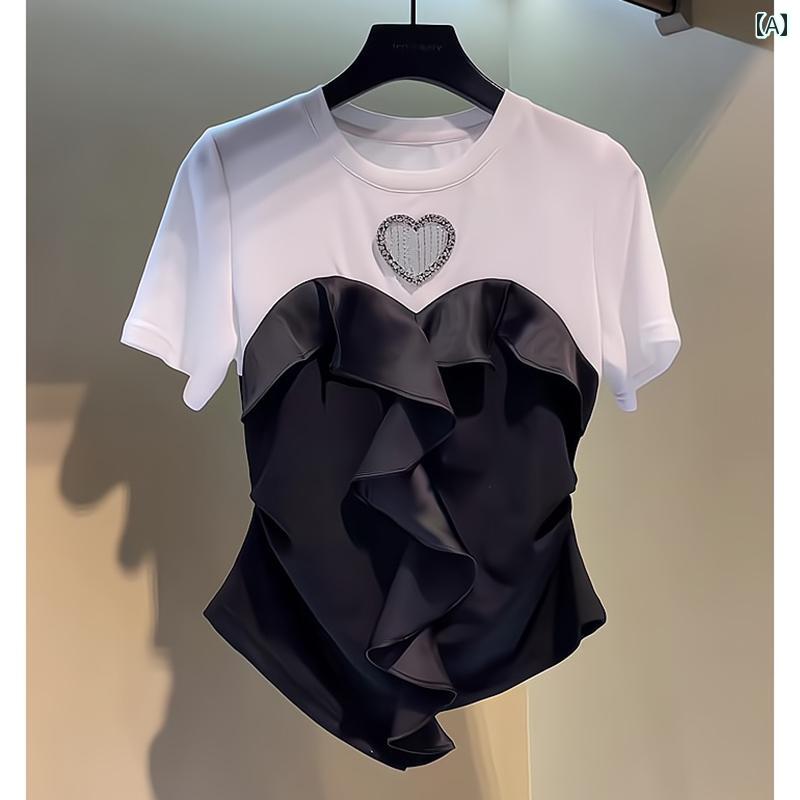 トップス レディース ブラウス の 商品は ラインストーンの 象嵌 透かし ステッチ 半袖 Tシャツ レディース 夏 不規則 フリル ショート トップス 年齢を 減らすが 大好きです