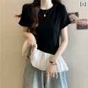 トップス レディース ブラウス 夏の 女性用 フリル ステッチ バレエ 半袖 Tシャツ 大きいサイズ 太めの mm スリミングと お腹の カバー 不規則な ストレート ショルダー トップ