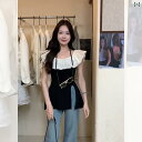 トップス レディース ブラウス ユニークなと な ショート トップを 備えた 夏用の 女性用 フランス製 ブラック フリル フライング スリーブ 半袖 Tシャツ
