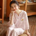 部屋着 セットアップ サマーワッフル 2025 春夏の 二 層 糸 綿 パジャマ レディース コットンチェック 柄 九分 袖は 外出 着と しても 着用 できま...
