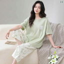 部屋着 セットアップ サマーワッフル 女性用 パジャマ 2025夏 モダールコットン 半袖 クロップドパンツ レディース 夏 爽 やか ホームウェア 夏