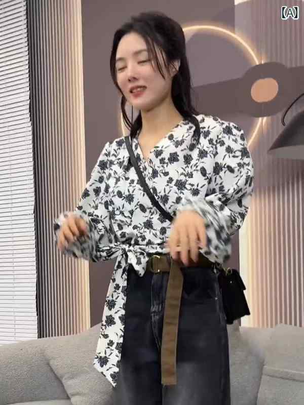 シャツ ショート丈 長袖 レディース クロップド丈 トップス おしゃれ カジュアル 羽織 シンプル ショートシャツ ショート 丈 短い シャツブラウス ゆったり クロップド ショートトップス ボリューム袖 長袖シャツ 春夏 春夏 秋 な Vネック 花柄
