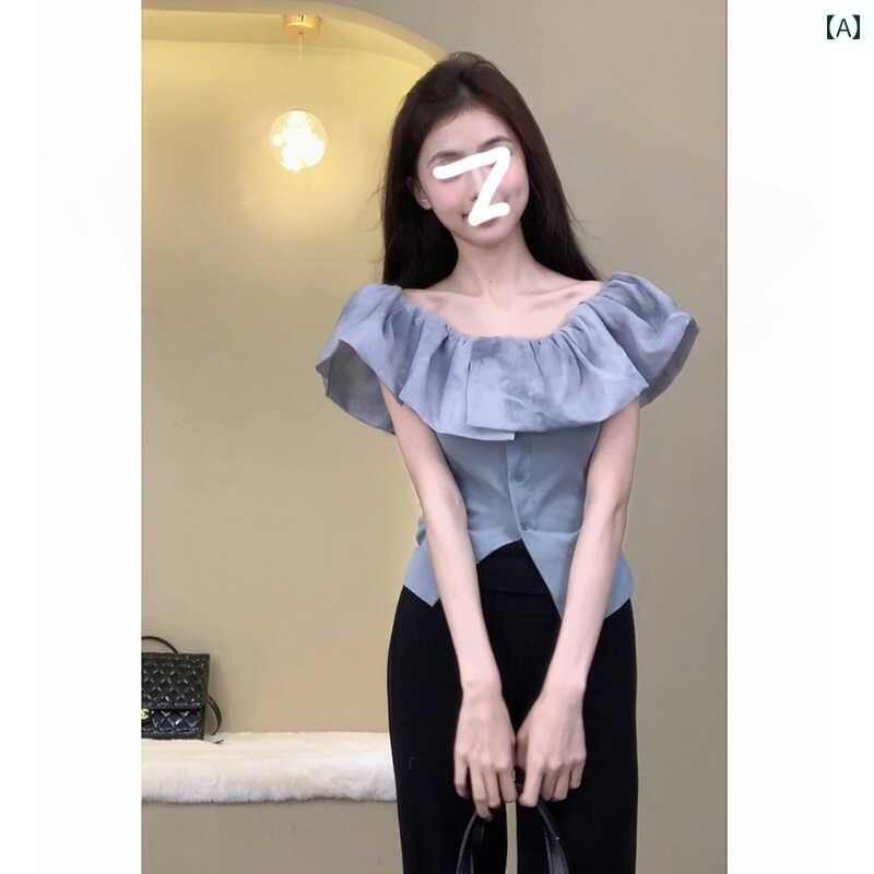 トップス レディース ブラウス 2025夏の レディース向け フレンチ オフショルダー 半袖 Tシャツ ウエスト フリル レイヤリング シャツ トップ
