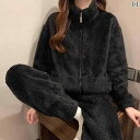 リブ セットアップ 上下セット 女性用 長袖 パジャマ 厚手 サンゴ フリース の オンライン 暖かい ジッパー シンプル 秋冬 ホームウェア スーツ