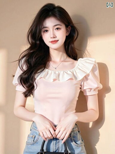 トップス レディース ブラウス 女性用 ピンクの 半袖 Tシャツ 2025夏の ホット スタイル フリル ユニークで 美しい パフスリーブ トップ トップス レディース ブラウス 女性用 ピンクの 半袖 Tシャツ 2025夏の ホット スタイル フリル ユニークで 美しい パフスリーブ トップ