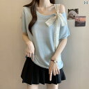 トップス レディース ブラウス ライト ブルーの リボン レース ストラップ オフショルダー 冷感 半袖 Tシャツ 女性 2025 夏 大きいサイズ mm 美しい トップス