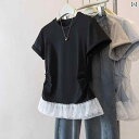 トップス レディース ブラウス ブラック レースの フリル 裾 半袖 Tシャツ レディース 2025夏 大きめ サイズ mm ウエスト スリミング ストレート ショルダー トップ