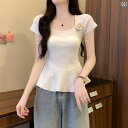 トップス レディース ブラウス フレンチ フラワー スクエアネック ストレート ショルダー ニット 半袖 Tシャツ レディース 春夏 ウエスト スリム フリル ショート トップ