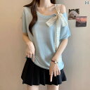 トップス レディース ブラウス 大きめ サイズ レディース 服 2025 夏 斜めの 襟 レース ストラップ ニット 半袖 Tシャツ 太い mm 腹 カバー ボウ ショルダー トップ