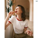 フレンチスリーブ Tシャツ レディース Xu Moxi フランス 文学 風 レトロ イン スタイル 赤 襟 スリム 半袖 コットン Tシャツ レディース サマートップス(4)