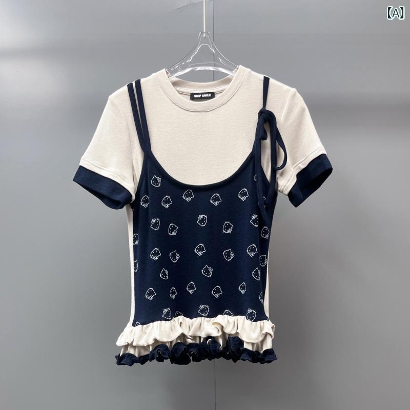 トップス レディース ブラウス SKip Smileの 甘くて キュートな フェイク ツーピース 猫 柄 半袖 Tシャツ レディース 夏用 裾 フリル