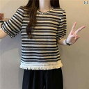 トップス レディース ブラウス 大きいサイズレディース 夏 シャネル 風 タッセル ストライプニット 半袖 Tシャツ 少し 太め mm お腹 カバー スリム ストレート ショルダー トップス