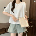 トップス レディース ブラウス 裾 ドローストリング ダブル レイヤー 蓮の葉 袖 ストレート ショルダー 半袖 Tシャツ レディース 2025 春夏 大きいサイズ 太め mm おしゃれ 年齢を 感じさせにくい トップス