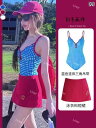 ラッシュガード インナー 水着 韓国 ドラマの ヒロインが 水着を 着ている レディース 青い チェック 柄の 赤い スカートの 温泉の ホット ガールの 高級 感 2人の 小柄な 人が 背が 高く 見える