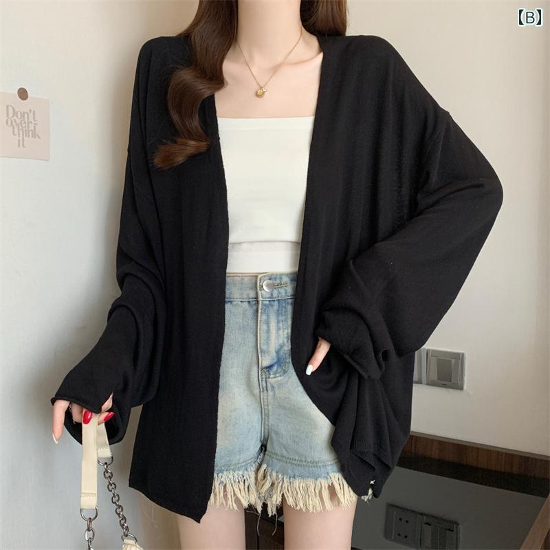 ゆったり UVカット カーデ 指穴 カーディガン ロングカーディガン レディース 紫外線対策 自転車 アウトドア ロング 長袖 ライトアウター 薄手 羽織 透け シアー サマーニット きれいめ 体型カバー 大きいサイズ 春夏 シンプル 黒 HU