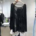 大きいサイズ ほんのり透けるメッシュ素材&シアー素材 コロンとかわいいメッシュ UVカット ショートコート UV カット 2 _ 300 ジン ゆったり 特大 サイズ スリム ラウンドネック バックレス 薄手 透け 感 スリット 長袖 日焼け防止 ブラウス