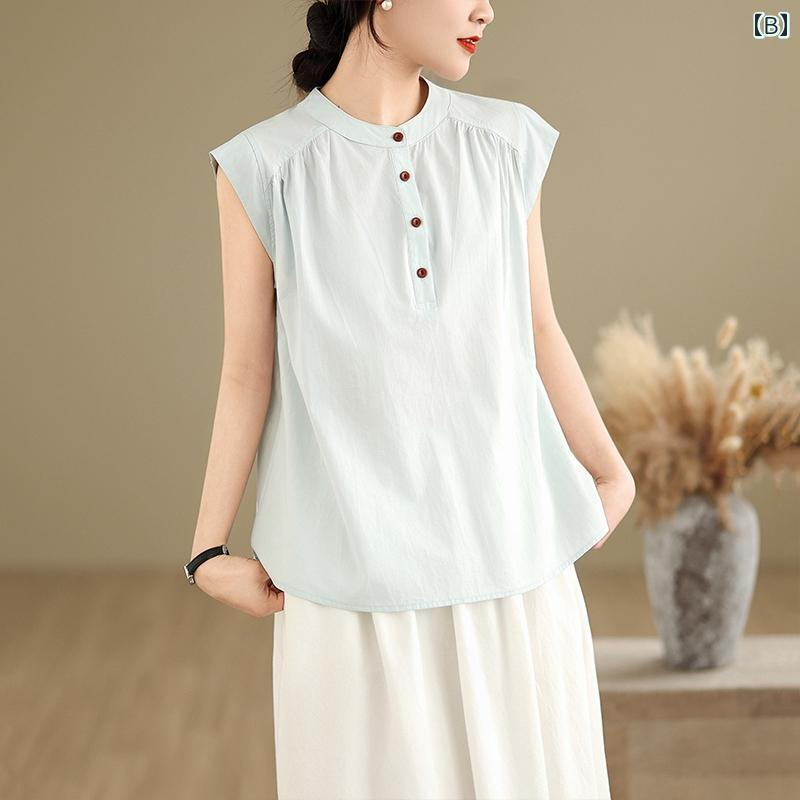 シャツ ノースリーブ レディース トップス レトロ ノースリーブの ゆったりした シャツ レディース スタイリッシュな 年齢を 減らす カジュアル シック 小さい シャツ レディース 夏の ノースリーブの ベスト ラウンドネックの