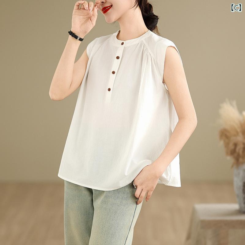 シャツ ノースリーブ レディース トップス レトロ ノースリーブの ゆったりした シャツ レディース スタイリッシュな 年齢を 減らす カジュアル シック 小さい シャツ レディース 夏の ノースリーブの ベスト ラウンドネックの