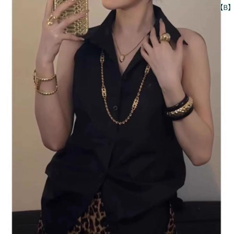 シャツ ノースリーブ レディース トップス フレンチ レイヤリング シャツ 高級 ポロ カラー シャツ 魅惑的 ホット ガールの 白い ノースリーブホルター ネック シャツ レディース 夏