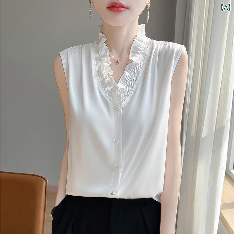 シャツ ノースリーブ レディース トップス フランスの エレガントな アセテート サテン レディース真 菌 カラー シャツ ノースリーブ 万能 シャツ ベスト インナーウェア スタンドカラー ボトム