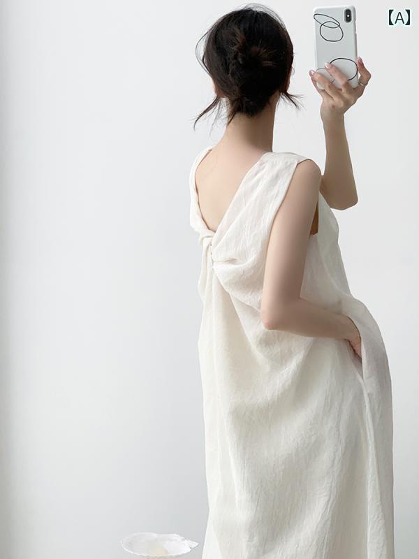 ノースリーブ ワンピース きれいめ ロング レディース WTT ワン タイ タイ アプリコット ホワイト ノースリーブ アセテート ドレス 女性 夏 前後 着用 ツイスト Vネック ベスト スカート