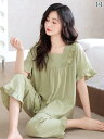 リブ セットアップ 上下セット 女性用 パジャマ 2025夏 綿 半袖 ズボン レディース 夏 薄手 宮殿 風 家 着 スーツ