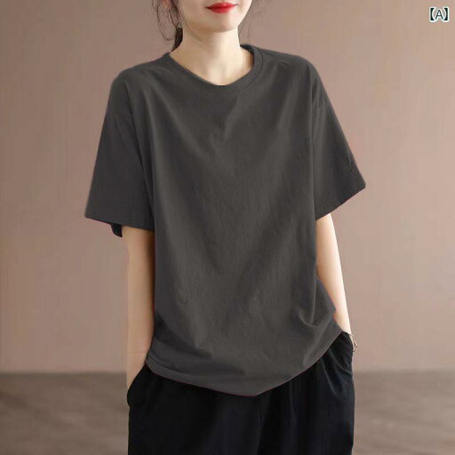 カットソー レディース トップス の レトロ ダーク グレーの 綿の 大きいサイズ 半袖 Tシャツ 女性用 2025 春夏 プリントの ラウンドネック インナーウェア Tシャツ カットソー レディース トップス の レトロ ダーク グレーの 綿の 大きいサイズ 半袖 Tシャツ 女性用 2025 春夏 プリントの ラウンドネック インナーウェア Tシャツ