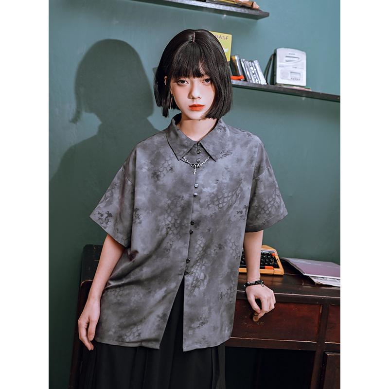 シャツ ノースリーブ レディース トップス ウィアード ハウス ドラゴン ダイ チャイナ グレー 半袖 シャツ レディース 夏 カジュアル ゆったり チャイナ風 シャツ